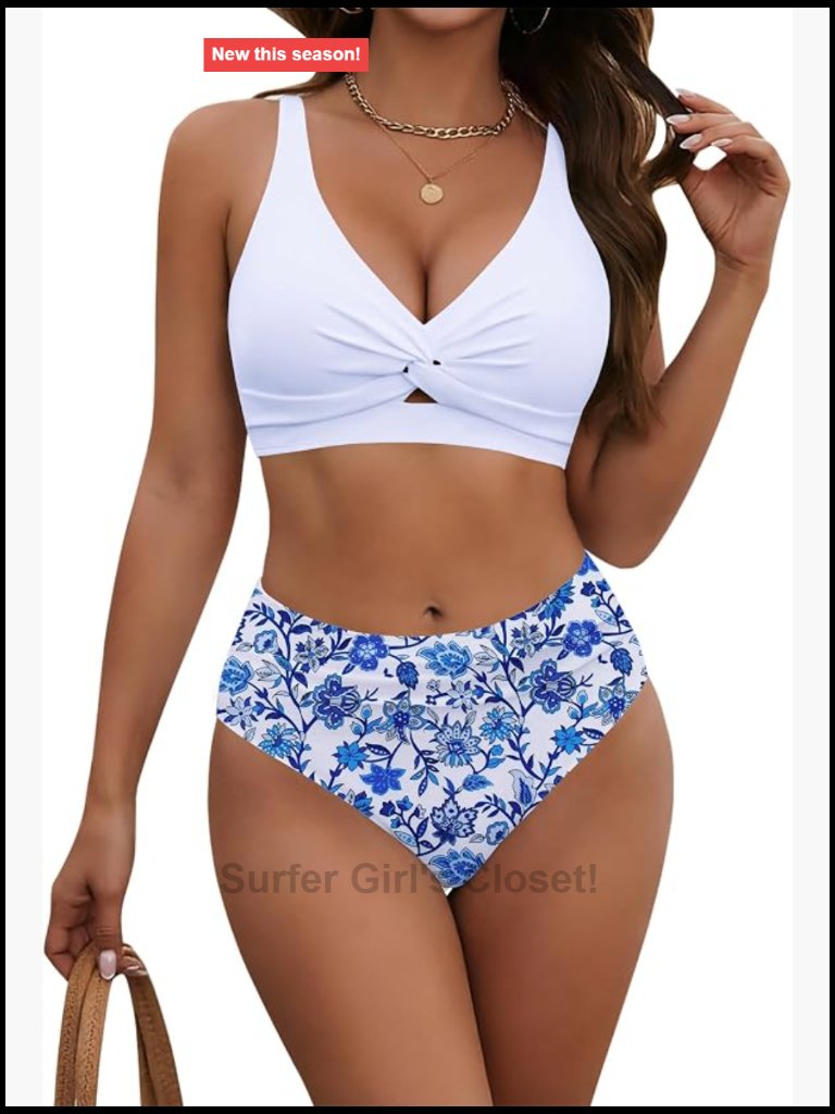 High Waisted Twist Front Bikini Set With Tummy Control Adjustable Straps Two